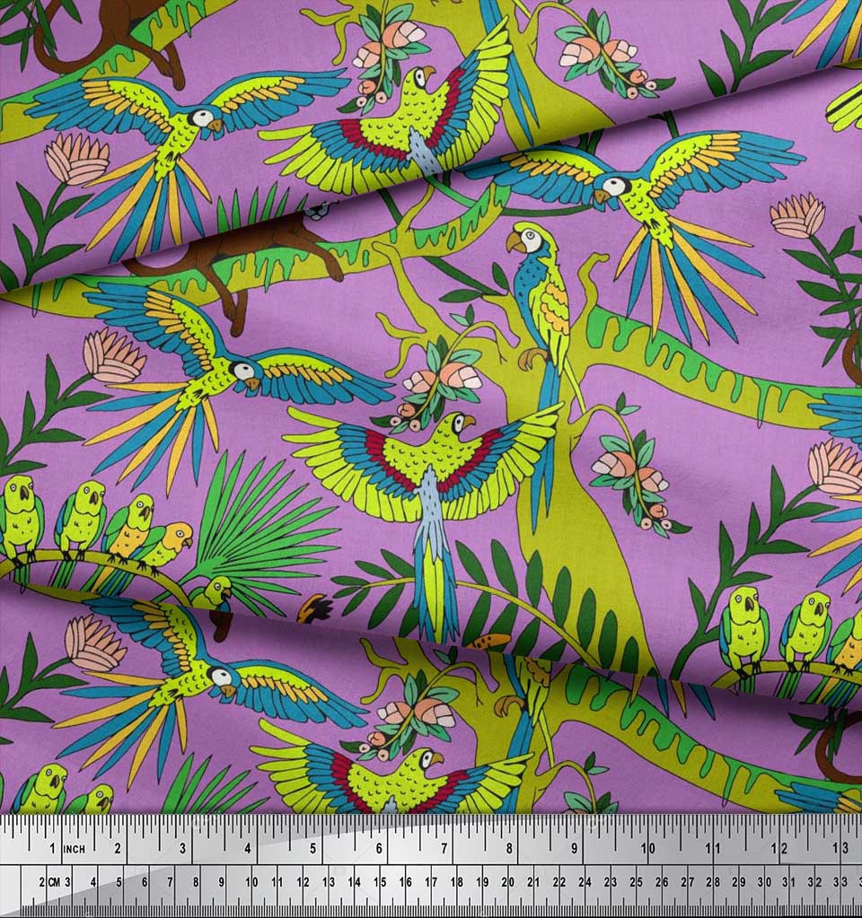 Soimoi Japan Crepe Satin Fabric Branches,Parrot & Leopard Jungle Print Fabric by the metre 42 Inch