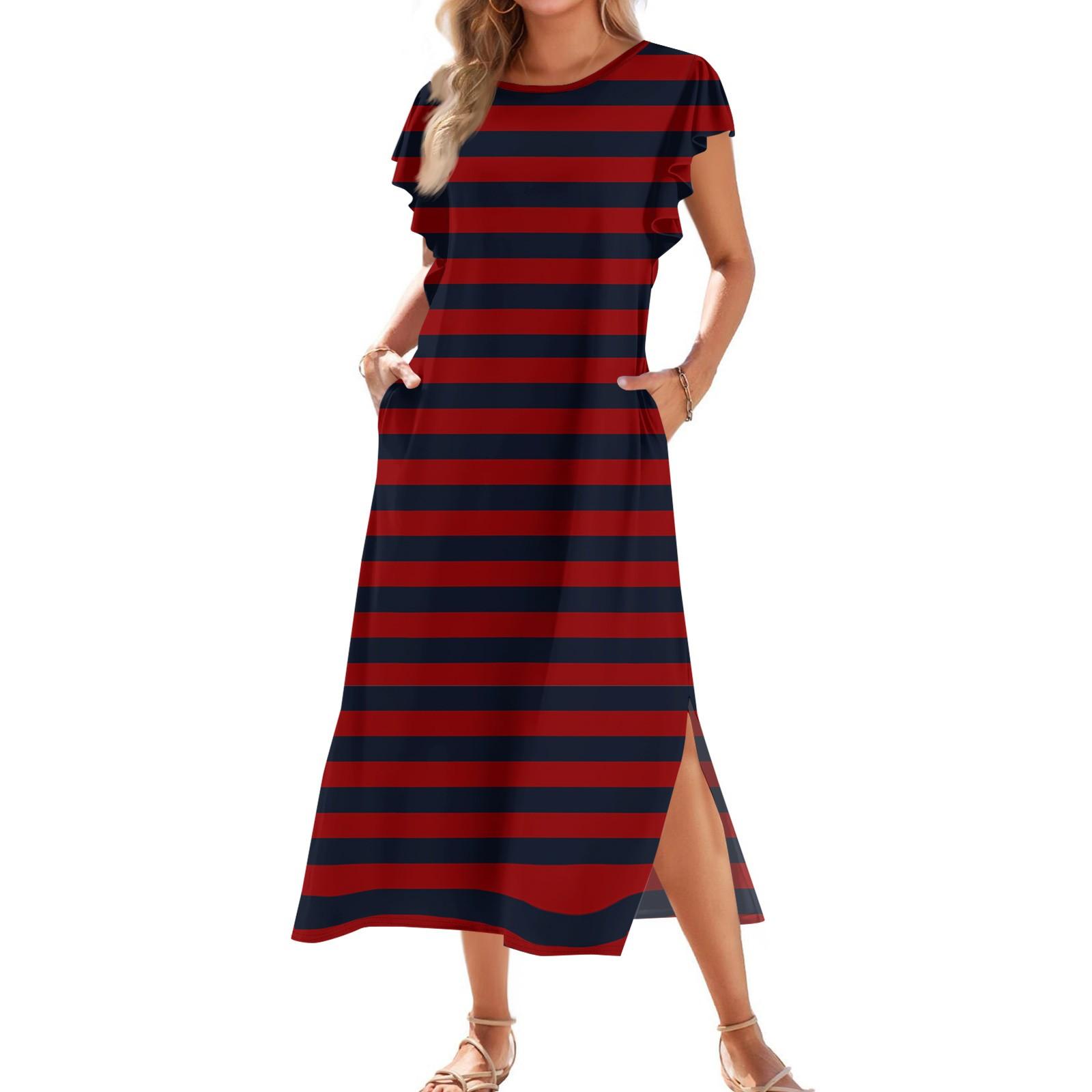 

Жіноча модна літня повсякденна пляжна сукня з плісованими рукавами, вільними смугастими принтами з короткими рукавами, круглою краваткою та кишенями XL винний