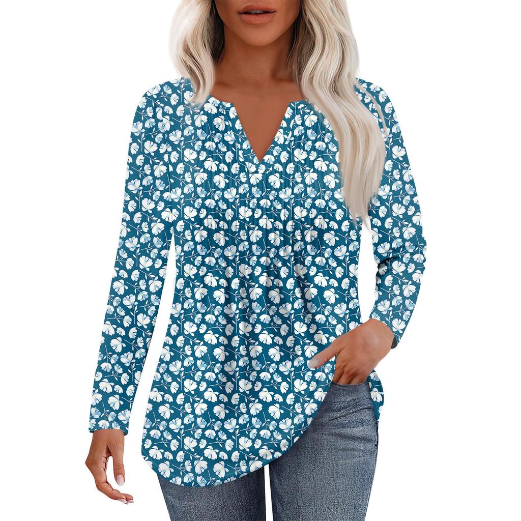 Women's Fashion Casual Pleated V Neck Solid Color Long Sleeve T-Shirt Elegant Tops