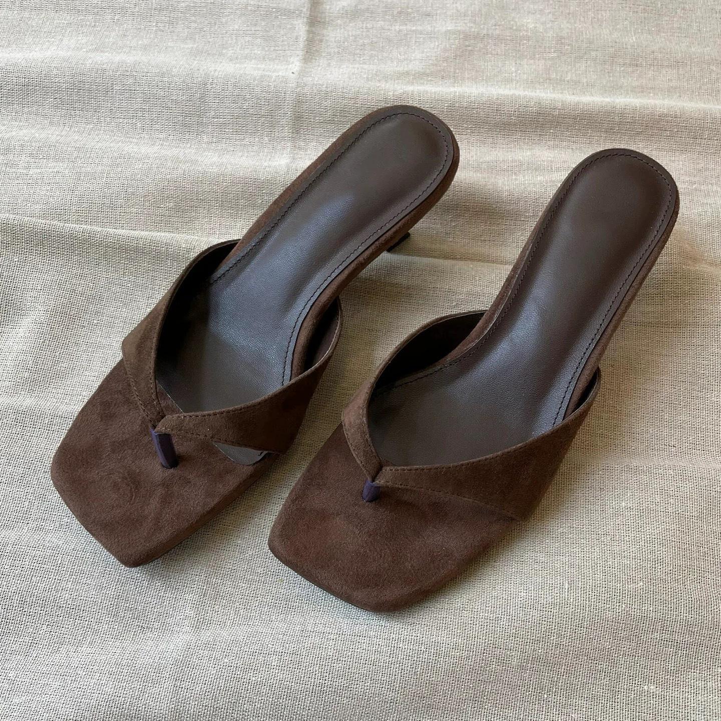 

Sheepskin leather square toe herringbone cool slippers women wear cat heel sandals 40