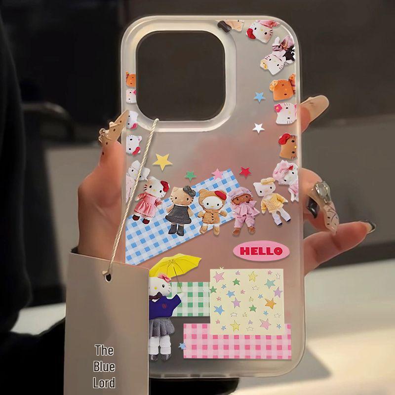 Bunte Karomuster Stern KT Katze Handyhülle für Apple 14/15, Transparent 16ProMax, Weich mit Kartenhalter