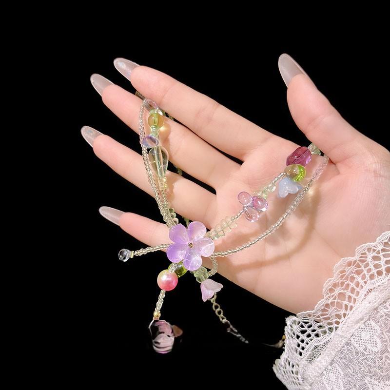 [Flower Shadow Weeping Beads] Romantic Color Dopamine Beaded Flower Necklace Niche Fashion Sweet Delicate Clavicle Chain