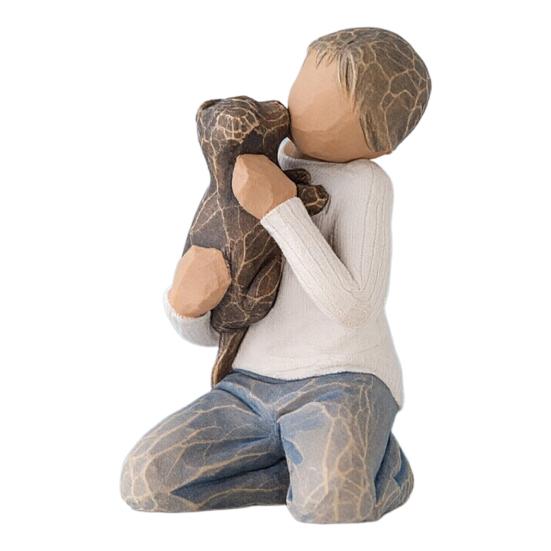 

Puppy And Boy Figurine Kneeling Boy in Blue Jeans Holding Dog Statue Resin Sculpture for Bedroom Office Desk Bookshelf Decor Gifts for Dog Lovers Boy