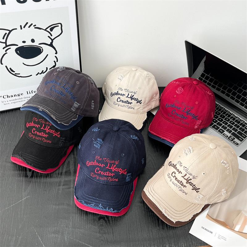 New Ripped Hole Wash Letter Embroidery Contrasting Color Design Baseball Hat Women's Outdoor Casual Soft Top Korean Embroidery Hat