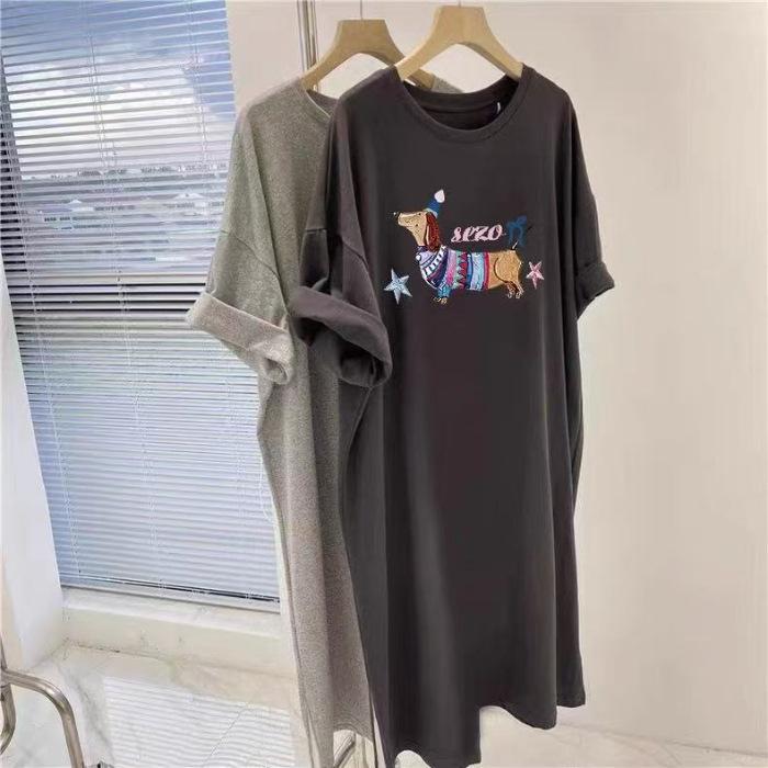 Šaty střední délky Dlouhá sukně Dámské Letní Trendy Nový Korejský Styl Volné Čistá Bavlna Tričkové šaty s krátkým rukávem