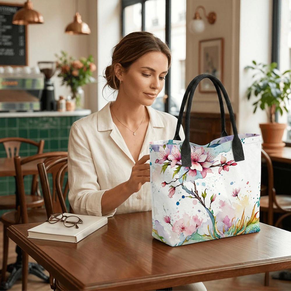 Watercolor Peach Blossom Print Casual Portable Large Capacity Shopping Tote Bag