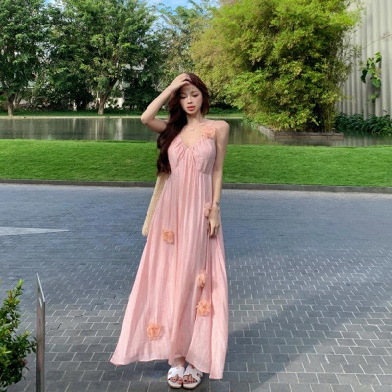 Pink Collar Three-dimensional Flower Suspender Dress Women's Summer French Temperament High-end Vacation Waist Dress