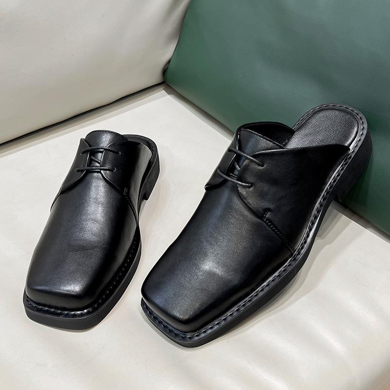 Internet celebrity half slippers men lazy one pedal men wearing slippers square head leather shoes half slippers men 36761-T