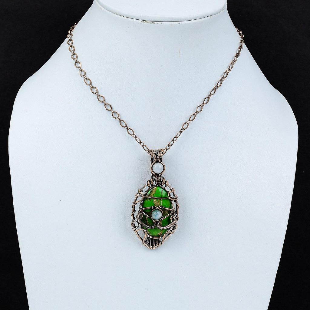 Copper Green Turquoise Pendant Evil Eye Pendant Copper Wire Wrapped Gemstone Pendants Moonstone Pendant Handmade Pendant Copper Wire Jewelry