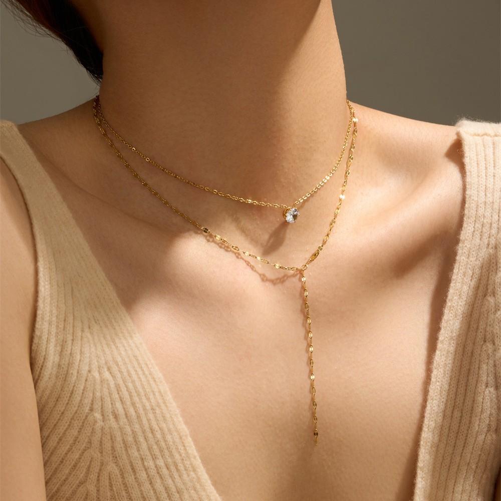 Stainless Steel Double-layer Y-shaped Fringed Flash Diamond Necklace Niche Light Luxury High-grade Collarbone Chain Women's