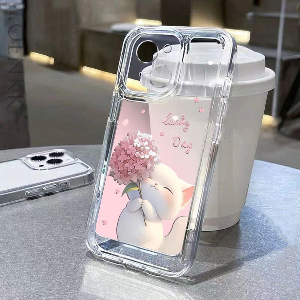 Cute Cat Hydrangea Protective Phone Case For iPhone 17 Air 16 16e 15 13 12 11 Pro Max Pro Plus Soft Anti-Scratch Funda Cover