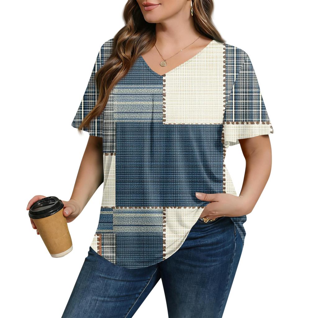 Women's Plus Size Fashionable Casual Loose-Fit Short Sleeve Elegant V Neck Blouse For Work