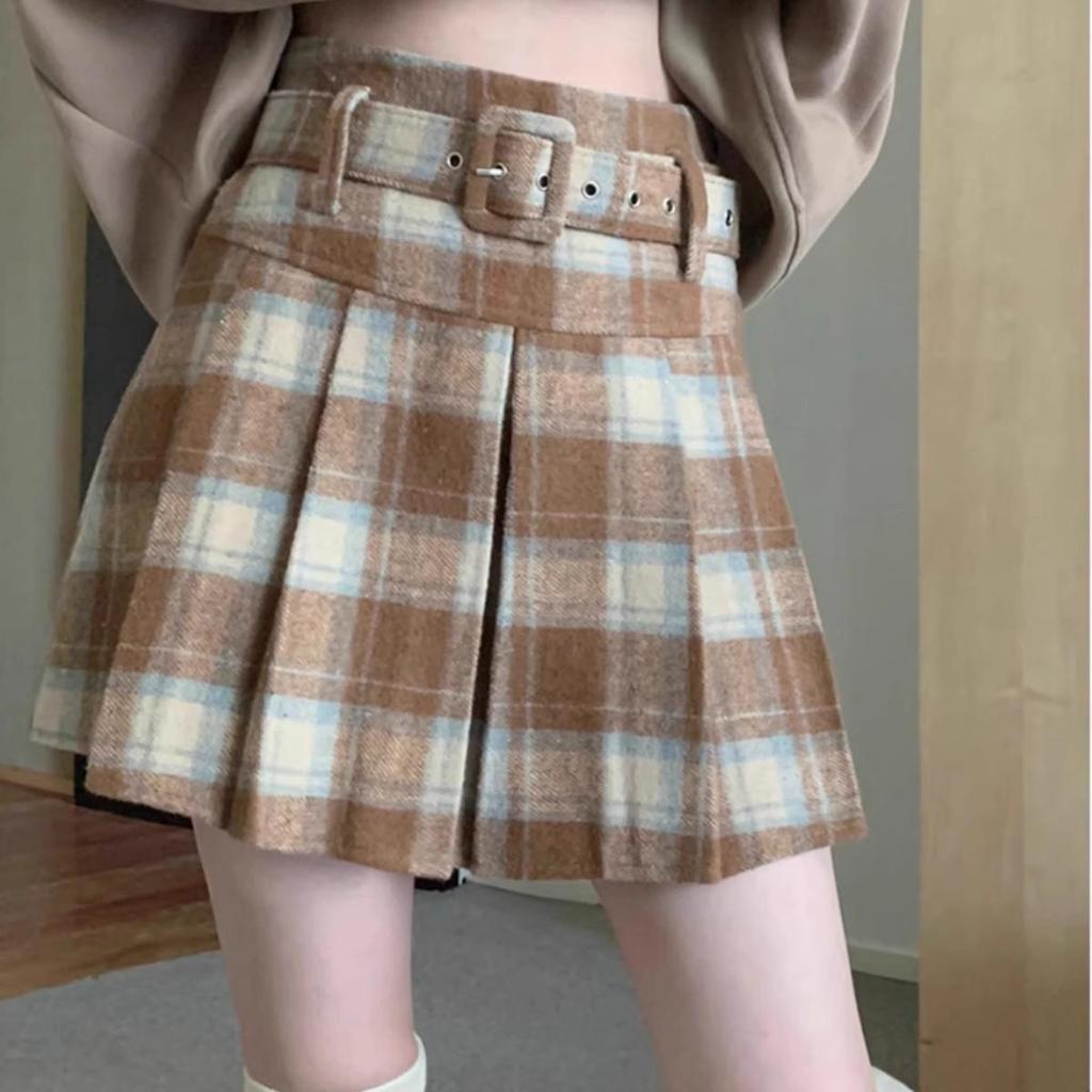 Women's Retro Plaid Wool-Blend A-Line Skirt: High Waist, Slimming, Pleated, Petite, for Spring/Autumn 2025