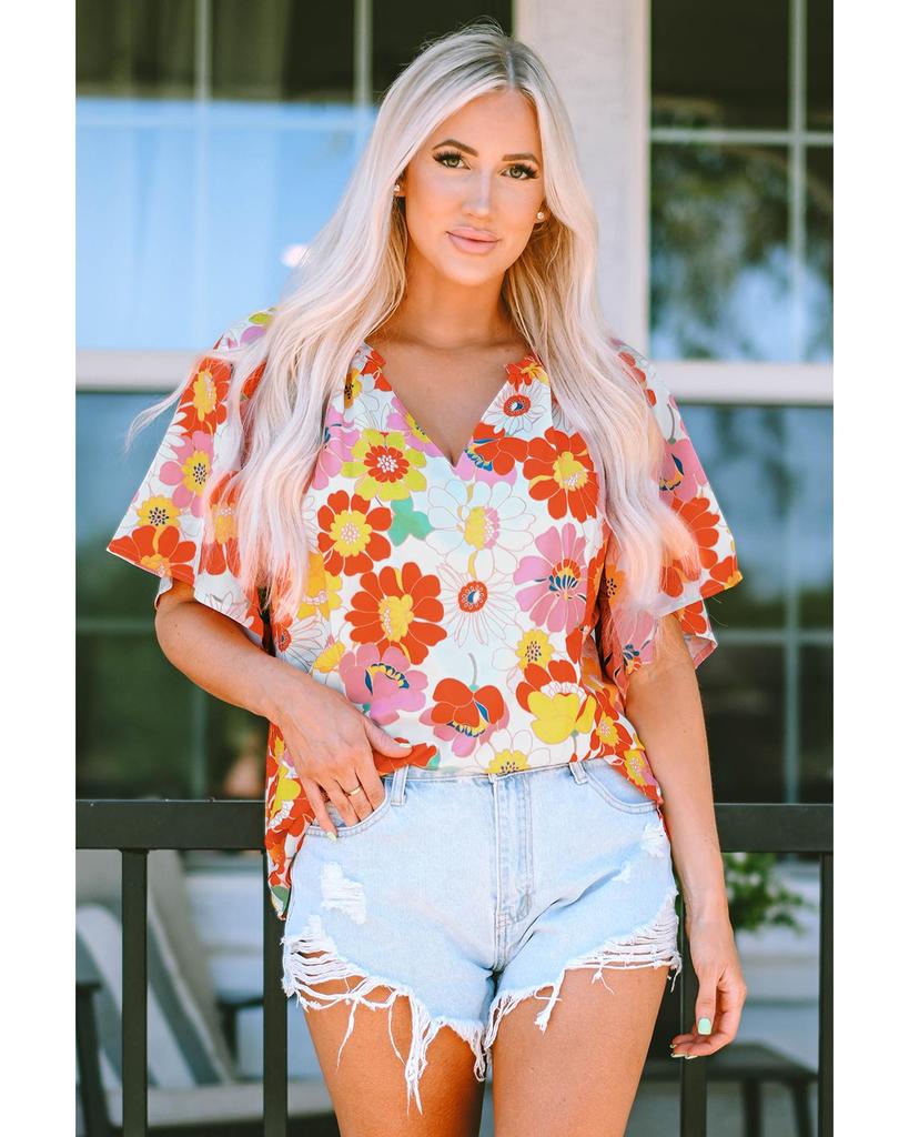 Azura Exchange Abstract Print V Neck Half Sleeve Blouse