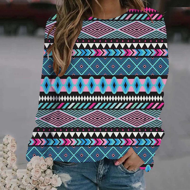 Spring and Autumn Round Neck 3D Ethnic Style Printed Top Fashionable Casual Long Sleeved Women's T-shirts