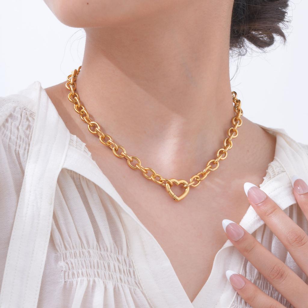 High Quality Heart-shaped Buckle Necklaces for women, Punk Coarse Rolo Chain Necklace,Stainless Steel Jewelry Gift