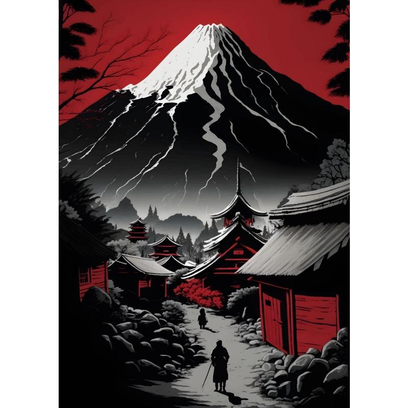 Japanese Natural Landscape Mountain Temple Canvas Painting Red Black Posters Vintage Art Wall Prints for Room Home Decor