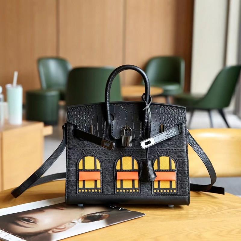 20cm Small House Croc-Embossed Leather Tote Bag Womens Daily Handbag Urban Style
