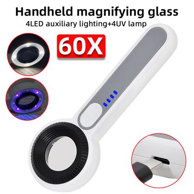 60x Handheld Rechargeable Magnifying Glass With 4led Auxiliary Lighting 4uv Lamp Illuminated Magnifier For Reading/repair