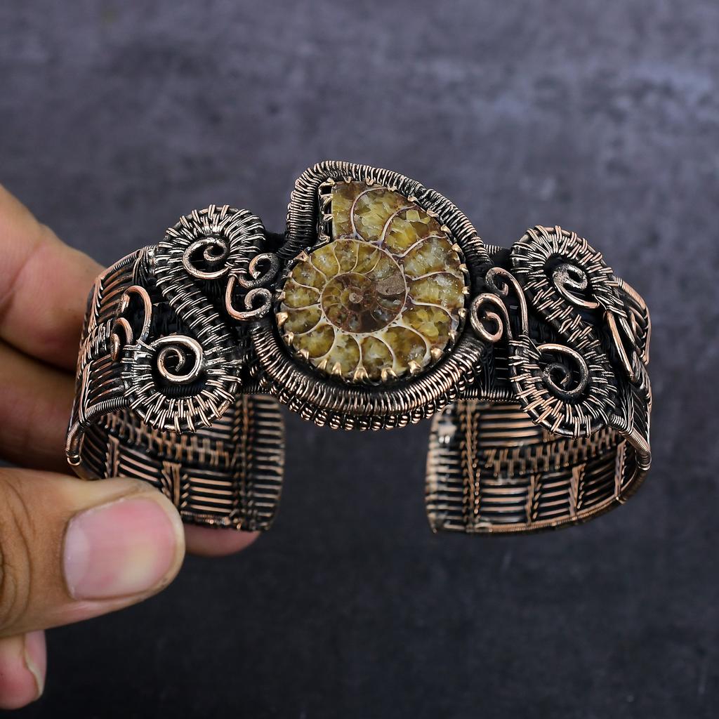 Ammonite Fossil Handmade Copper Wire Wrap Cuff Bangle Adjustable w3L58