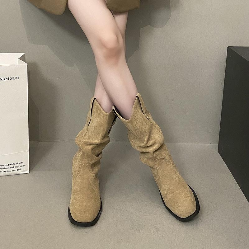 Retro Western Cowboy Boots Women's Autumn and Summer 2025 New Medium Boots Sleeve Stacking Boots Coarse Heel Versatile Martin Boots