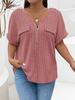 New solid color plus size women's blouse zipper short-sleeved fake pocket pullover T-shirt loose