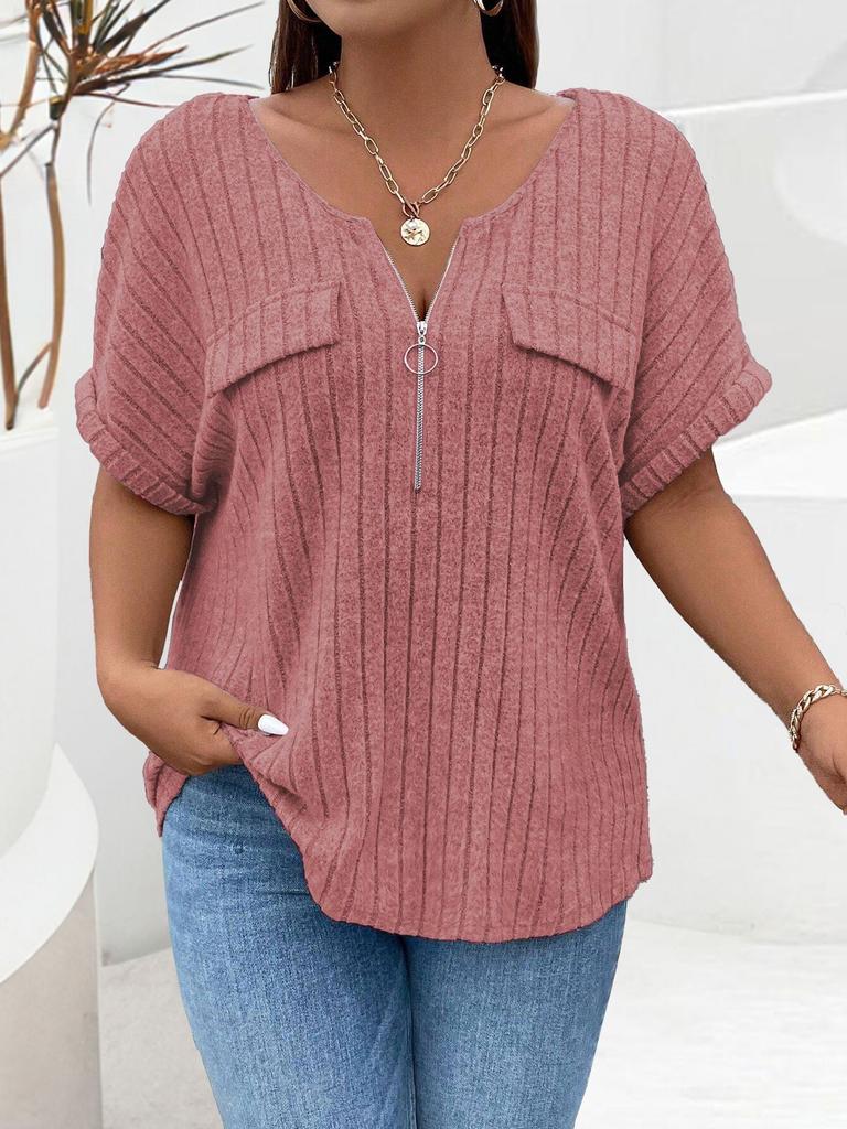 New solid color plus size women's blouse zipper short-sleeved fake pocket pullover T-shirt loose
