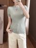 New Chinese Style Silk Blend Frog Button Waist-Hugging Knit Top - Women's Summer Short-Sleeve