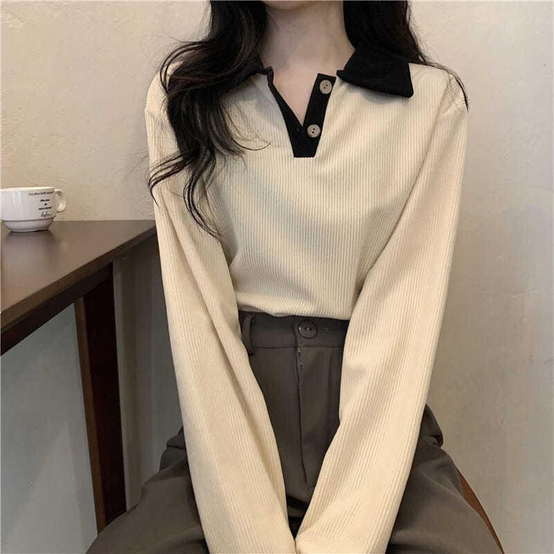 Autumn New Thin Lapel POLO Shirt Long-sleeved T-shirt for Women Versatile Slim Ins Inner Student Top