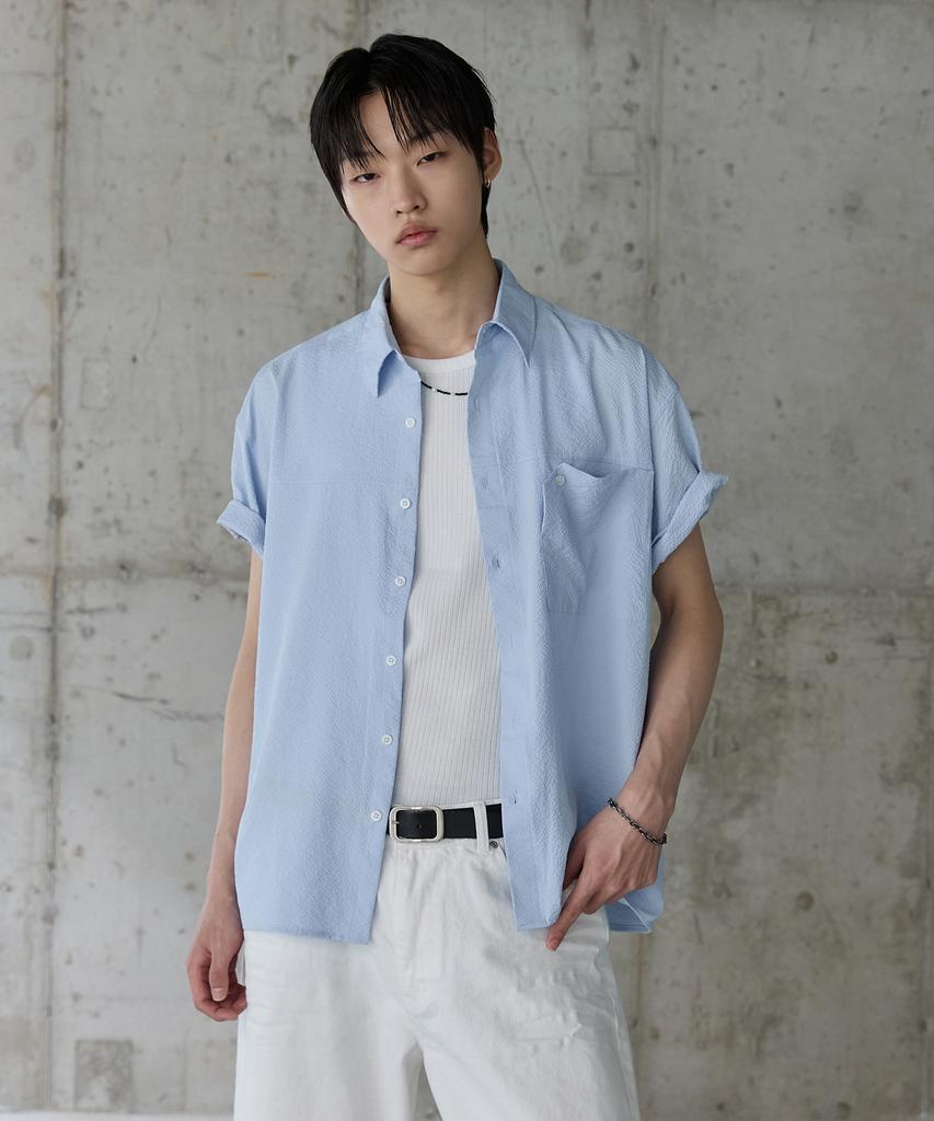 P.IN.O Sheer Texture Half Shirt - Blue