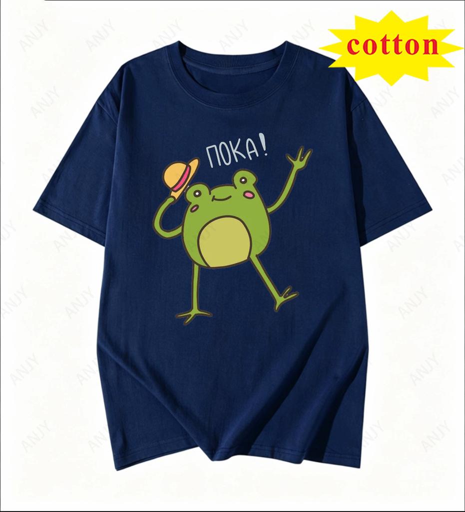 American Cartoon Tattered Frog Print Tshirt With Quirky Emotional Style Casual Short Sleeved Summer Top