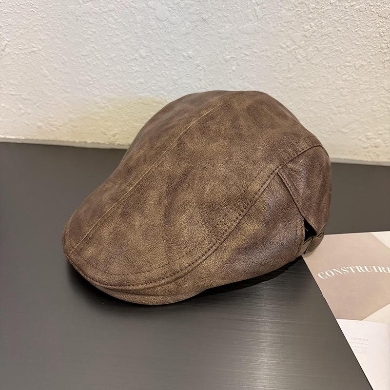American Retro PULeather Plain Baker Beret Hat for Women Autumn Winter Unisex Beret Newsboy Cap Thicken Warm Duckbill Peaked Cap