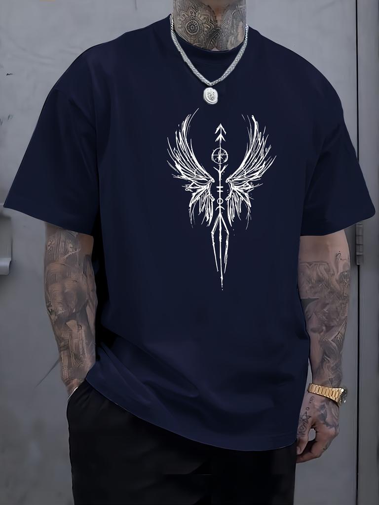 Unisex Summer Cotton Short Sleeve T Shirt White Sketch Wing Arrow Compass Totem Print Crew Neck Goth Street Casual Male Tee