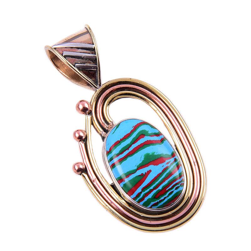 Natural Rainbow Calcica Gemstone 925 Solid Silver Two Tone Pendant 1.75'' V6d60