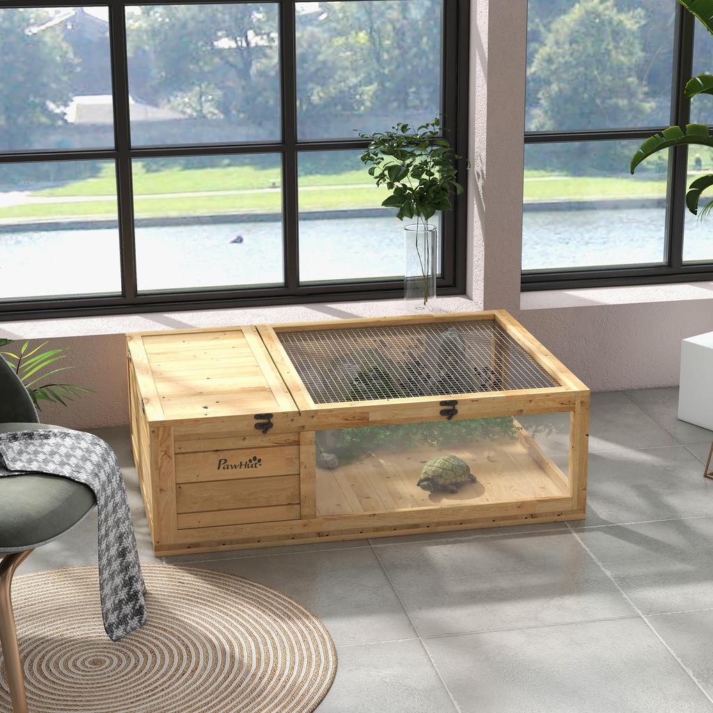 Tortoise House, Small Reptile Wooden House, with Mesh Roofs, Side Panels, for Turtles, Lizards, Geckos and Snakes