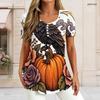 Women Plus Size Round Neck Short Sleeve T Shirt Crow Pumpkin Rose Flower Moon Cloud Print Double Layer Front Top