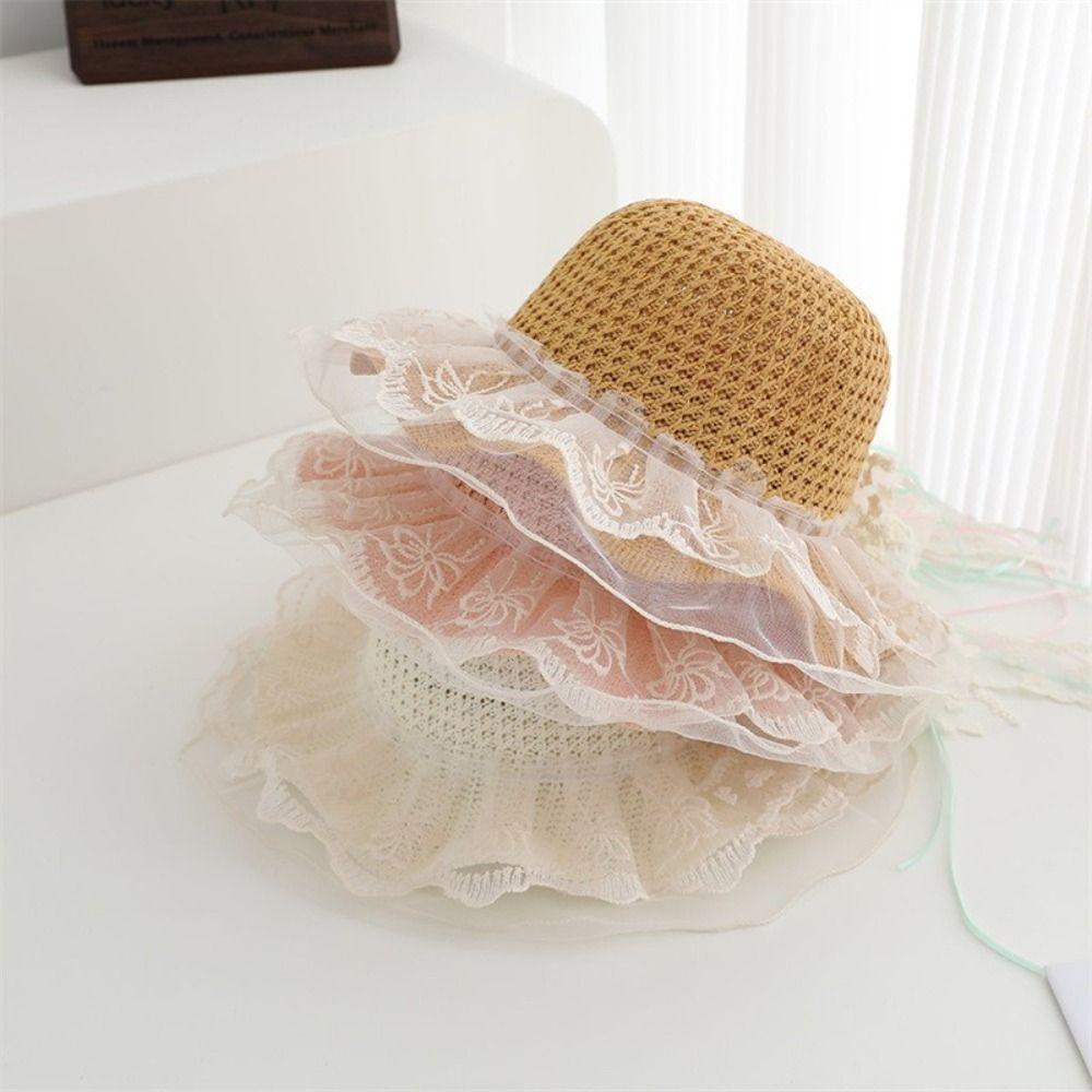 Pearl Decoration Children Sun Hat Wide Brim Straw Hat Cute Style Kids Sun Hat Girls Accessories