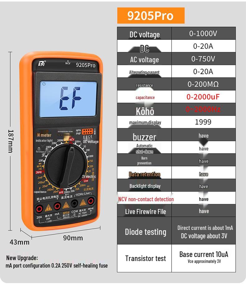 High Precision Anti-Burn Digital Multimeter Electrician's Model DT9205A/9205P-S9205PRO