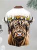 Men'S Casual Shirt, Multiple Specifications Available, Polyester Fabric, Highland Cow Floral Print, Brown Collar, White Buttons, Beachy Casual Style,