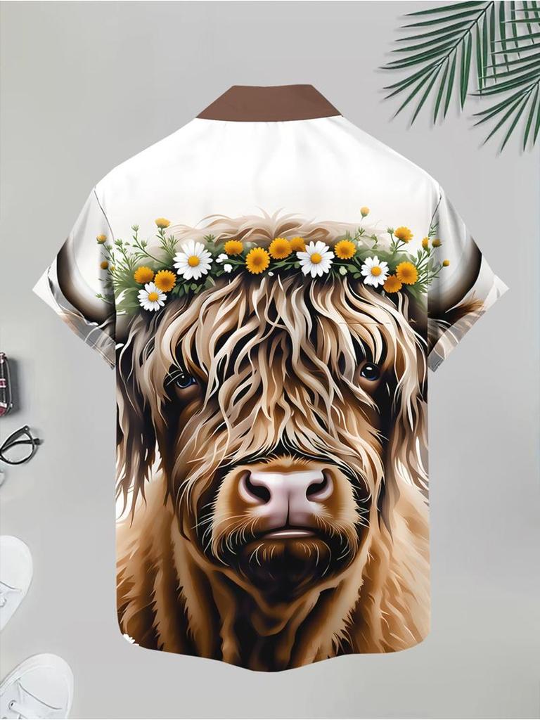 Men'S Casual Shirt, Multiple Specifications Available, Polyester Fabric, Highland Cow Floral Print, Brown Collar, White Buttons, Beachy Casual Style,