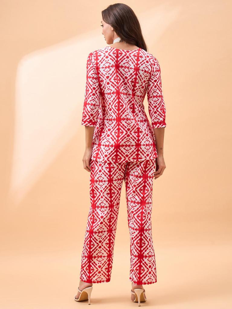 Geometric Printed Pure Cotton Notch-Neck Top With Trousers Co-Ords In Pink Color