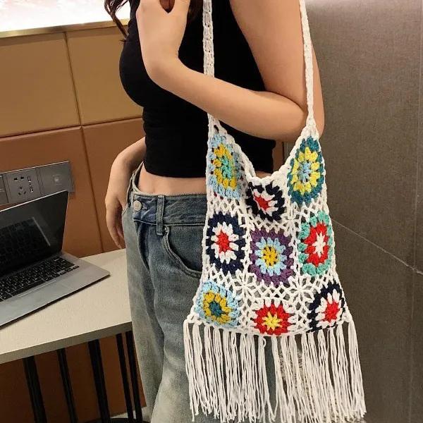 WTEMPO Ethnic Style Hollow-out Woven Retro Casual Versatile Single Shoulder Bags Large Capacity Women's Travel Shopping Message Bags