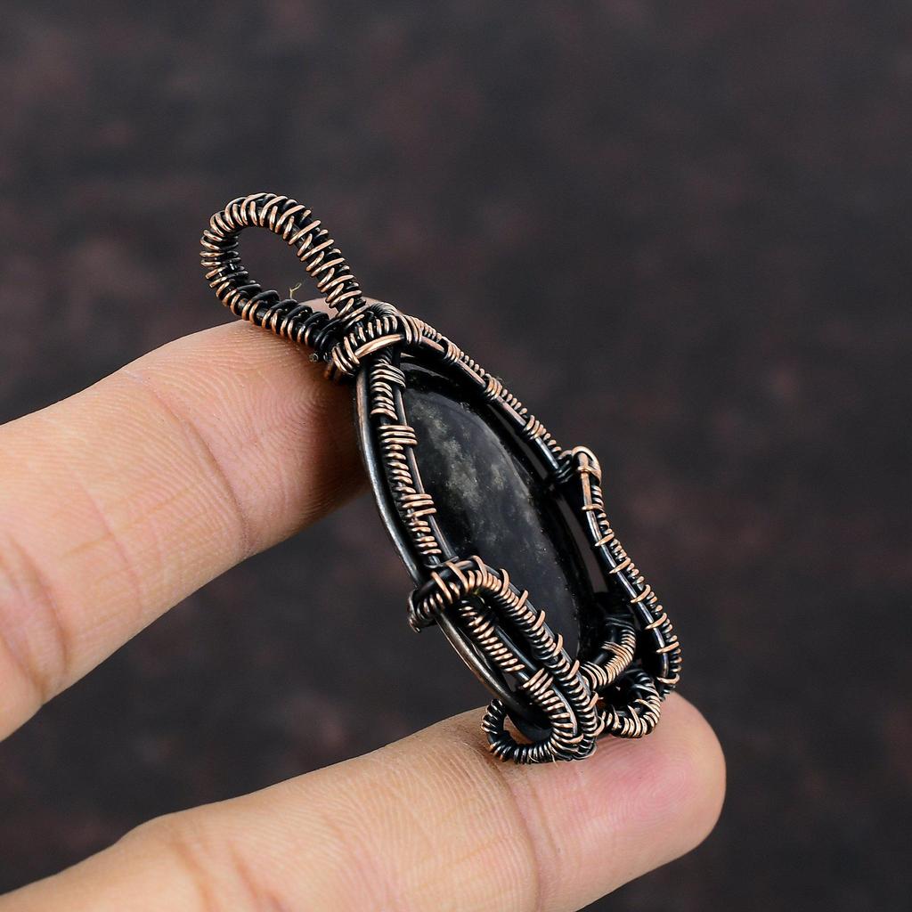 Silver Sheen Obsidian Pendant Copper Wire Wrapped Pendant Unique Pendant Gemstone Copper Jewelry Handmade Pendant Boho Jewelry Gift For Him