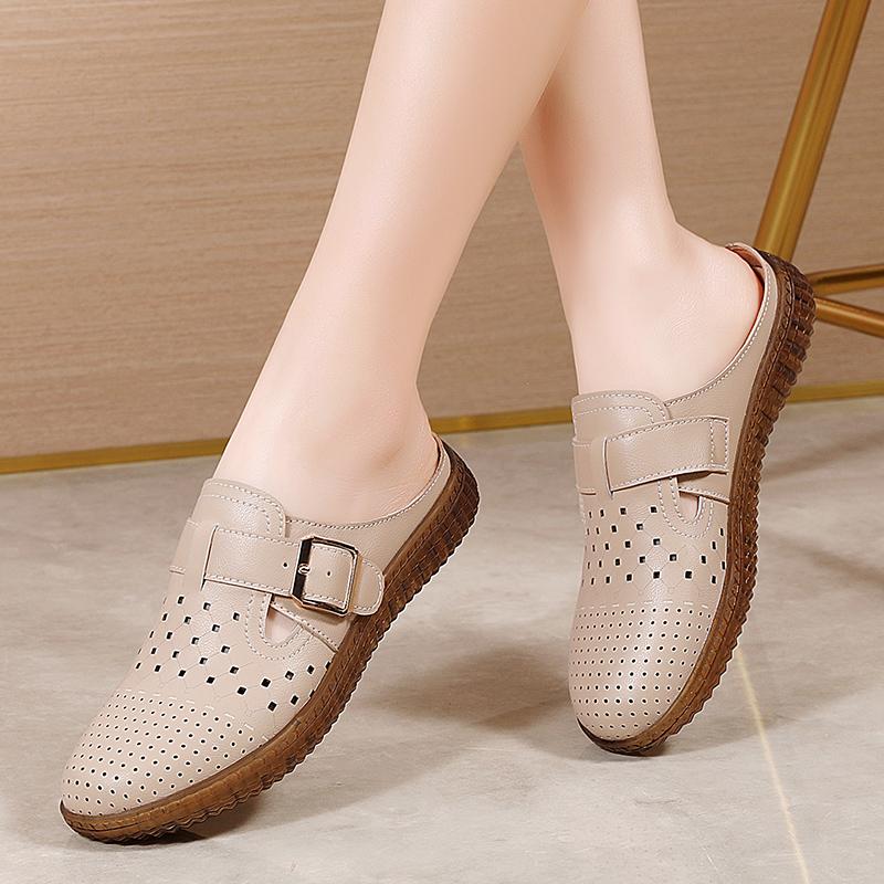 Fashion Women Casual Shoes Hollow Out Lady Half Lofers Genuine Leather Flats Moccasins Women Luxury Brand Half Slippers Zapatillas Mujer