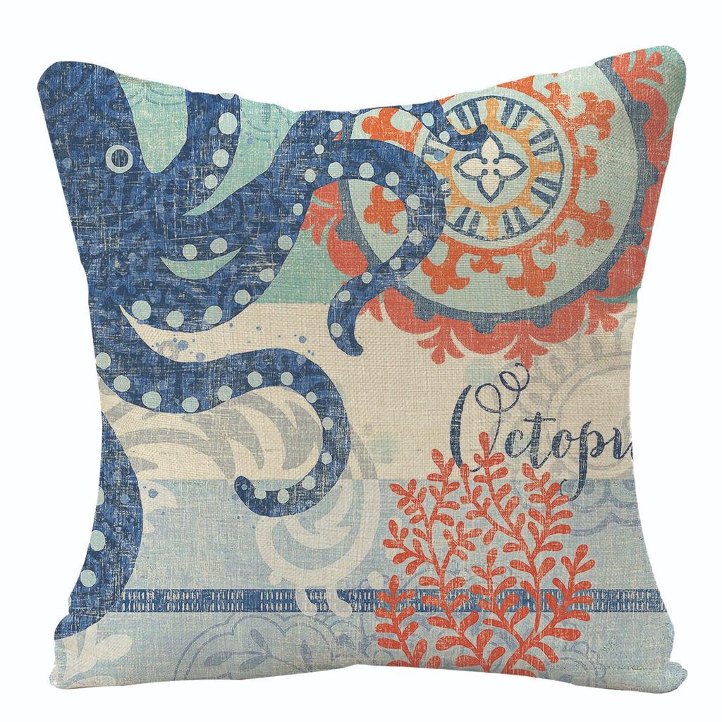 Marine Creatures Sea Horse Turtle Whale Octopus Linen Cushion Cover Pillow Cover