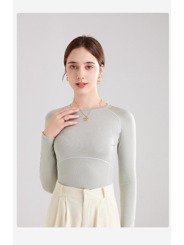 Damen Herbst/Winter Slim Fit Langarm Woll-Plus-Samt-Oberteil mit Rundhalsausschnitt