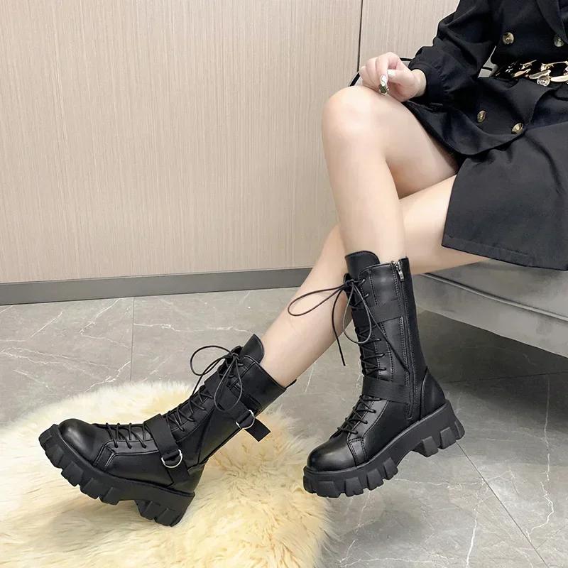Woman Shoes Designer Mid-Calf Motorcycle Boots Women's Cosplay High Boots Punk Gothic Black Shoes Women Long Knight Boot Zapatos