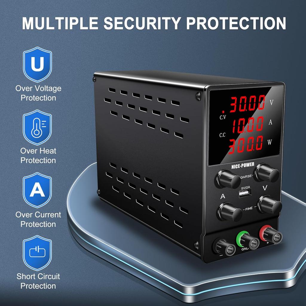 30V 10A Adjustable DC Power Supply, 4-Digit LED, 5V/2A USB, Test Leads, Bench Lab PSU