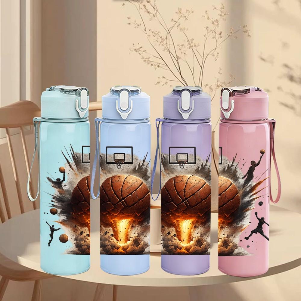 1PC Explosion Basketball Art Print 750ml Color Plastic Sports Water Bottle Leakproof Flip Straw Lid Suitable for Sports Office Home Use