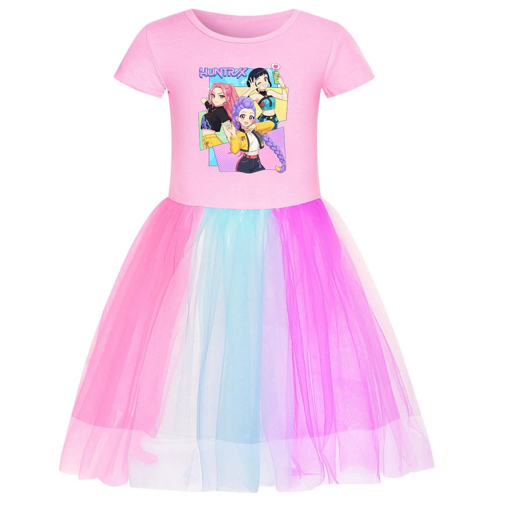 4178 Colorful Kids Girls Kpop Demon Rumi Zoey Mira Hunters Print Rainbow Dress 110cm розовый